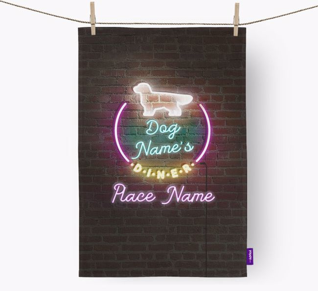 'Neon Lights Diner' - Personalized {breedFullName} Tea Towel 